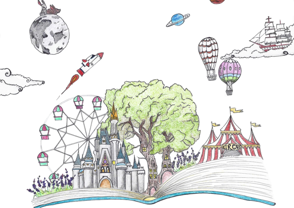 Ilustración a mano de un libro abierto del que salen un castillo, un árbol, una carpa de circo, una rueda de la fortuna, un cohete y planetas